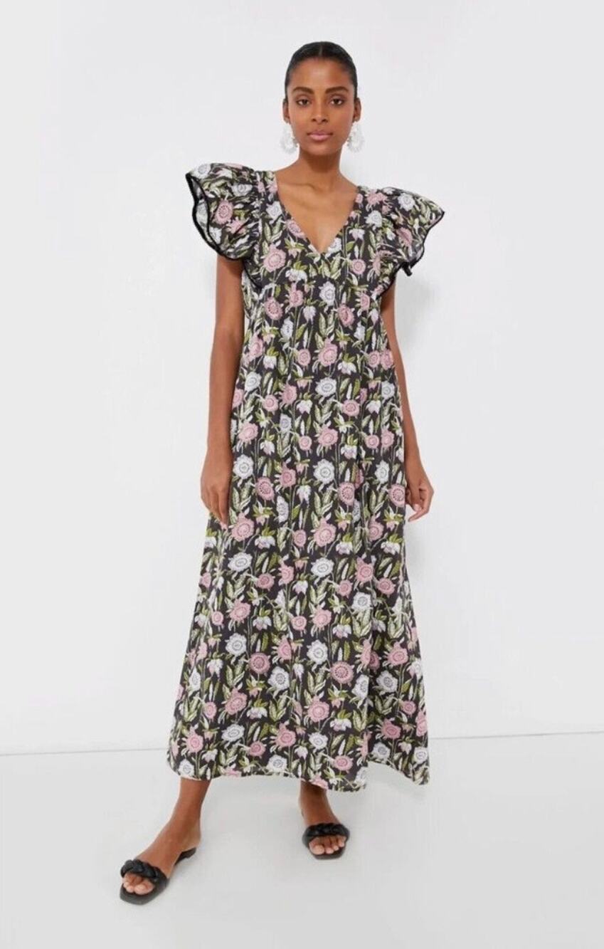 SAYLOR Darya Floral Ruffle Sleeve Cotton V-neck Maxi Dress Women's Medium Brown